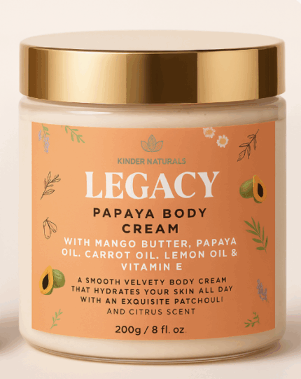 Body cream in jar with gold lid by Kinder Naturals Papaya Mango Body Cream