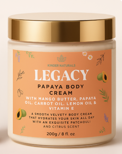 Body cream in jar with gold lid by Kinder Naturals Papaya Mango Body Cream