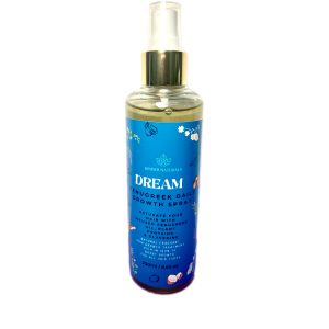 Hair Growth Spray in bottle made with Fenugreek oil and aloe vera. Blue label. Product name is Dream by Kinder Naturals