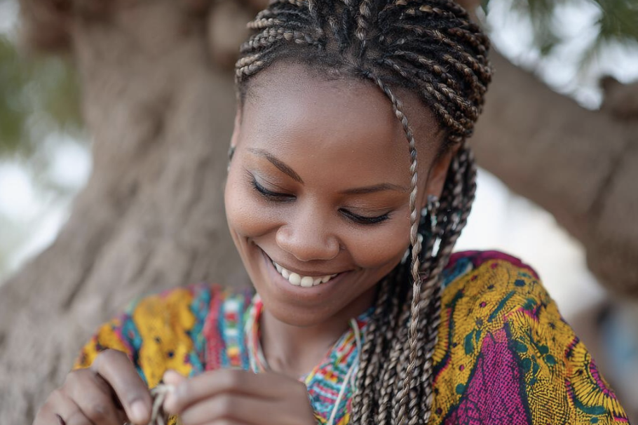 Woman with braided hair representing the traditional Chebe hair care practice in Chad
